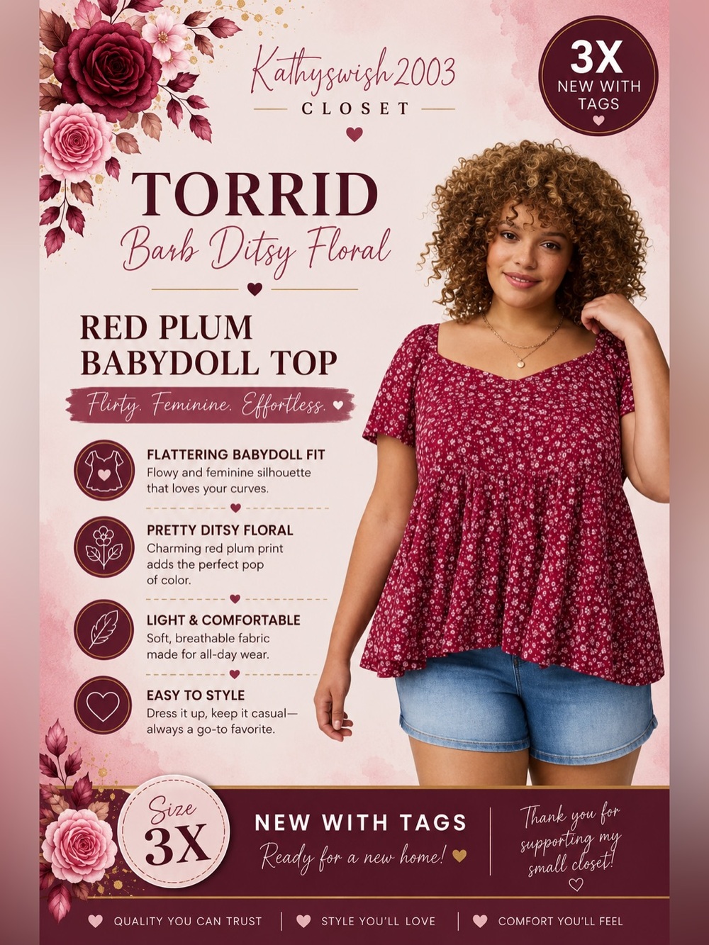 Torrid Barb Ditsy Floral Red Plum Babydoll Plus Size Women’s Top 3X NWT